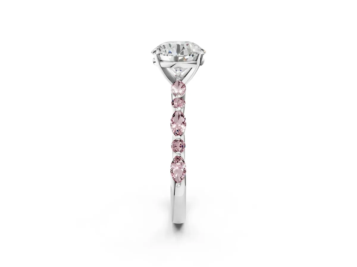 Round Cut Diamond Ring with Marquise and Round Morganite Side Stones and Four-Prong Setting Silver