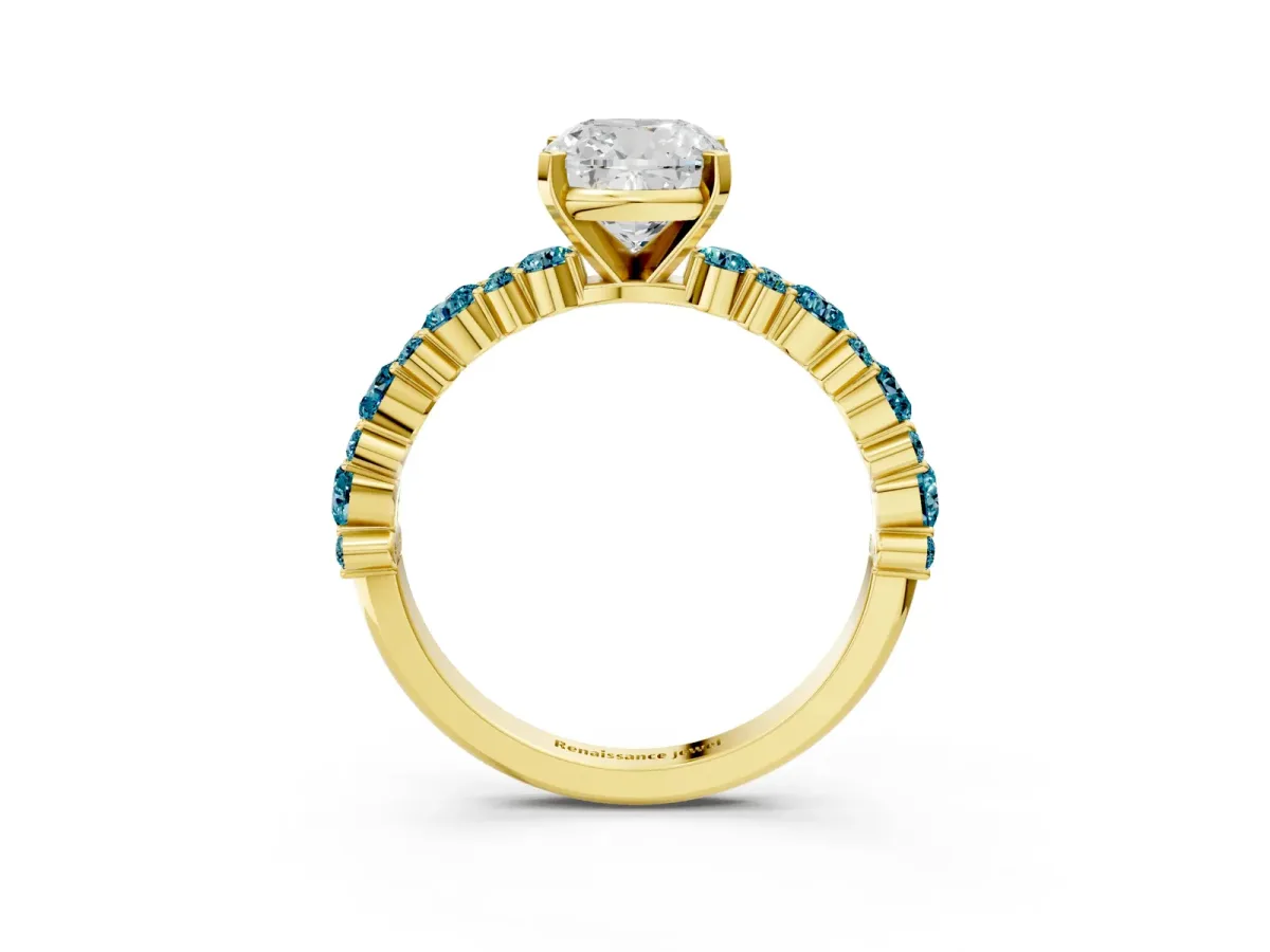 Cushion Cut Diamond Side Stone Solitaire Ring with Round Blue Topaz and Four-Prong Setting Yellow gold