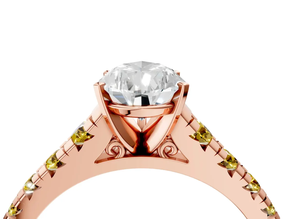 Pear Cut Diamond Cathedral Solitaire Ring with Round Yellow Sapphire Pavé Band Rose gold