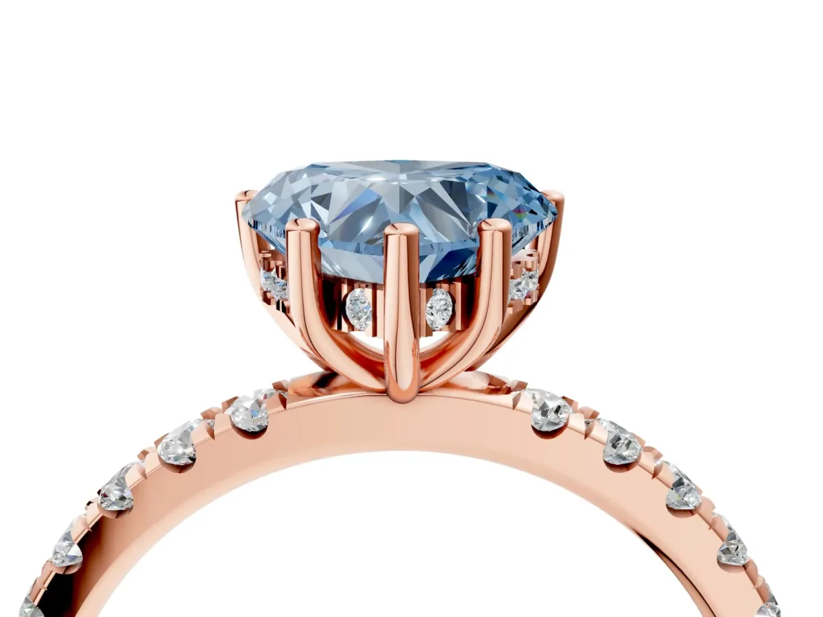 Fancy Blue Heart Cut Diamond Pave Band Solitaire Ring with Round and Prong Setting Rose gold