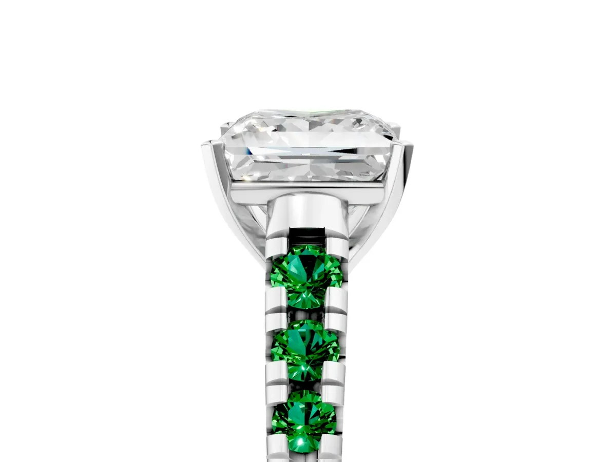 Princess Cut Diamond Cathedral Solitaire Ring with Round Emerald Pavé Band Platinum