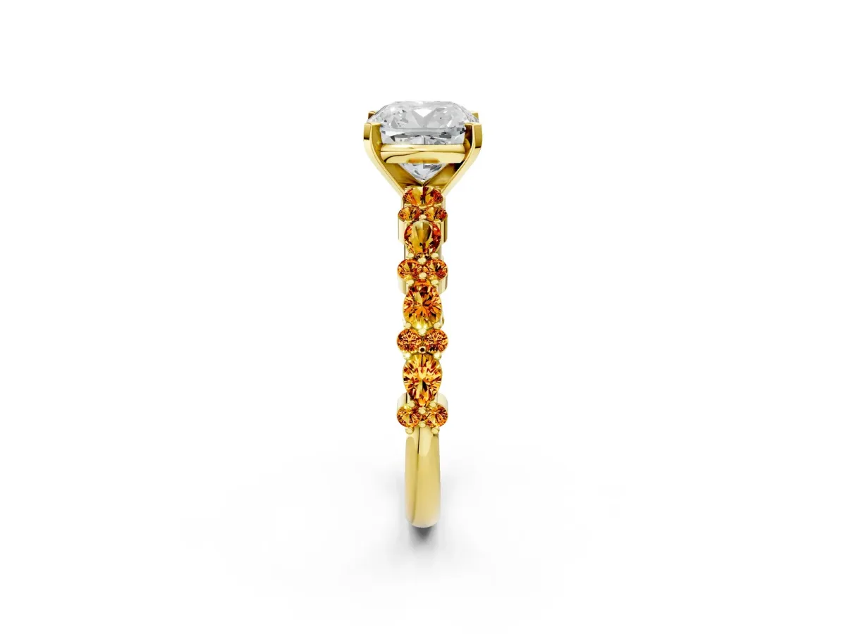 Cushion Cut Diamond Side Stone Solitaire Ring with Round Citrine and Four-Prong Setting Yellow gold