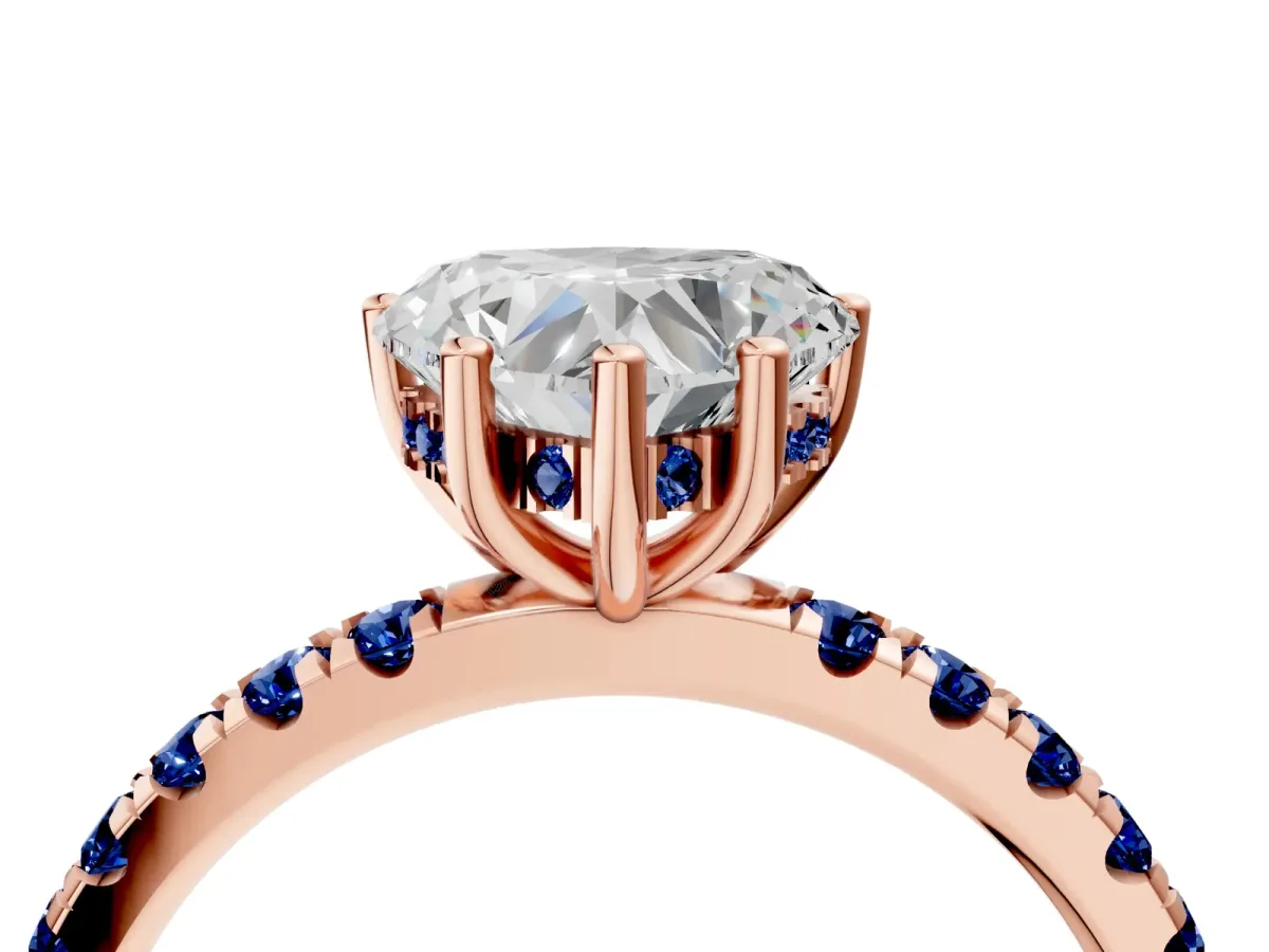 Heart Cut Diamond Pave Band Solitaire Ring with Round Blue Sapphire and Prong Setting Rose gold