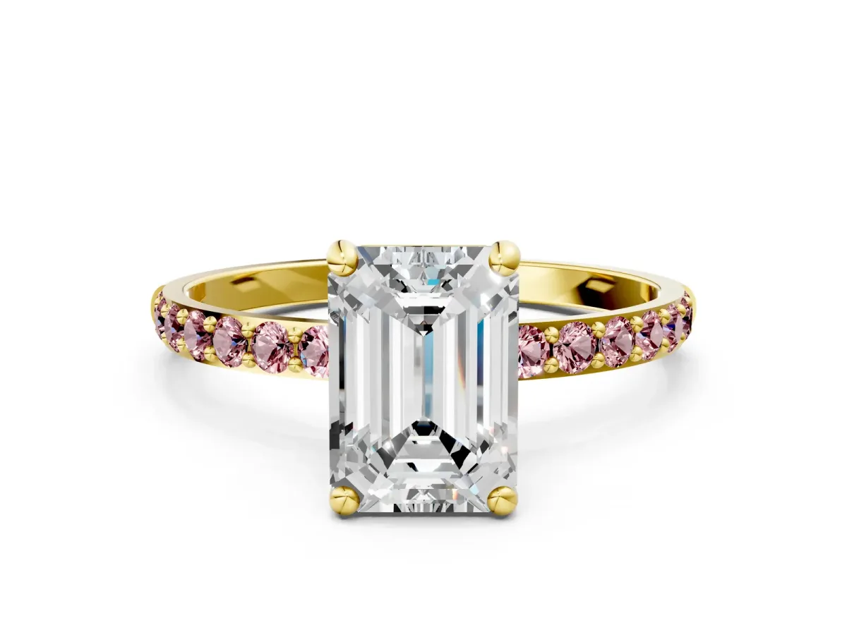 Emerald Cut Diamond Solitaire Ring with Round Morganite Pavé Band and Prong Setting Yellow gold