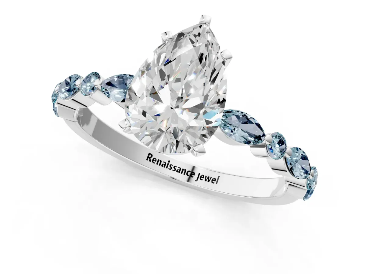 Pear Cut Diamond Ring with Marquise and Round Aquamarine Side Stones and Four-Prong Setting Silver