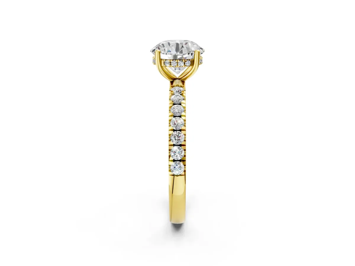 Round Cut Diamond Pave Band Solitaire Ring with Round and Prong Setting Yellow gold