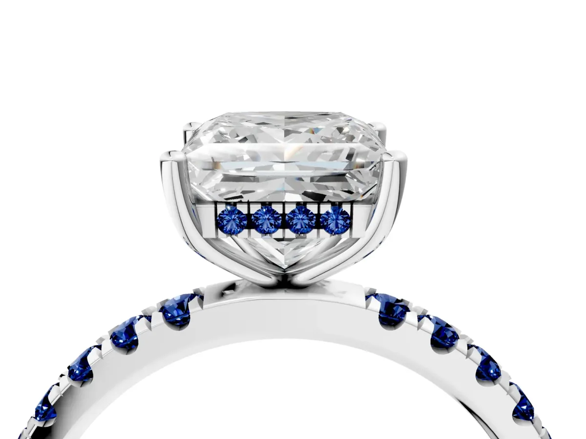 Princess Cut Diamond Pave Band Solitaire Ring with Round Blue Sapphire and Prong Setting Platinum