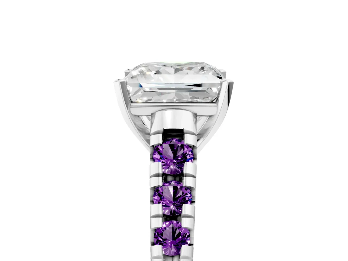 Princess Cut Diamond Cathedral Solitaire Ring with Round Amethyst Pavé Band Platinum