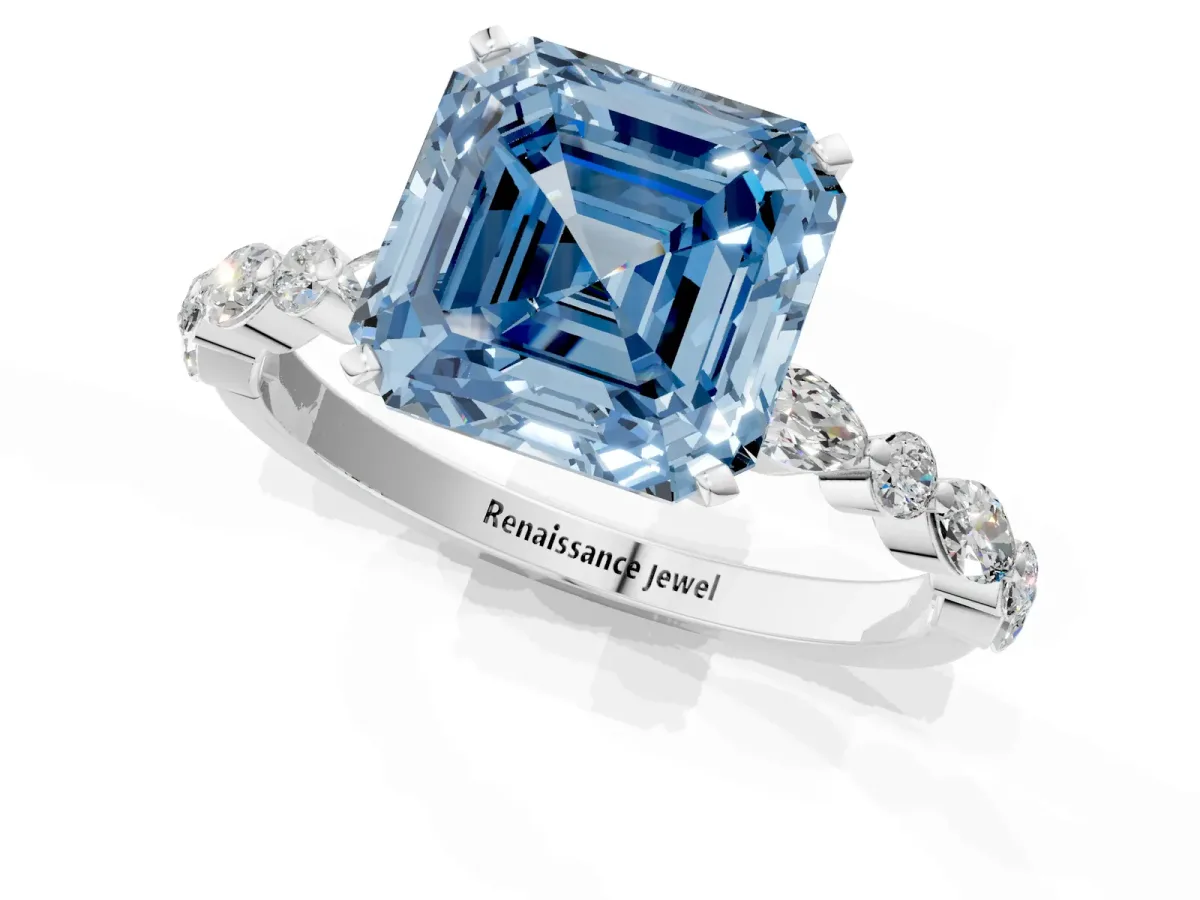 Fancy Blue Asscher Cut Diamond Ring with Marquise and Round Side Stones and Four-Prong Setting Silver