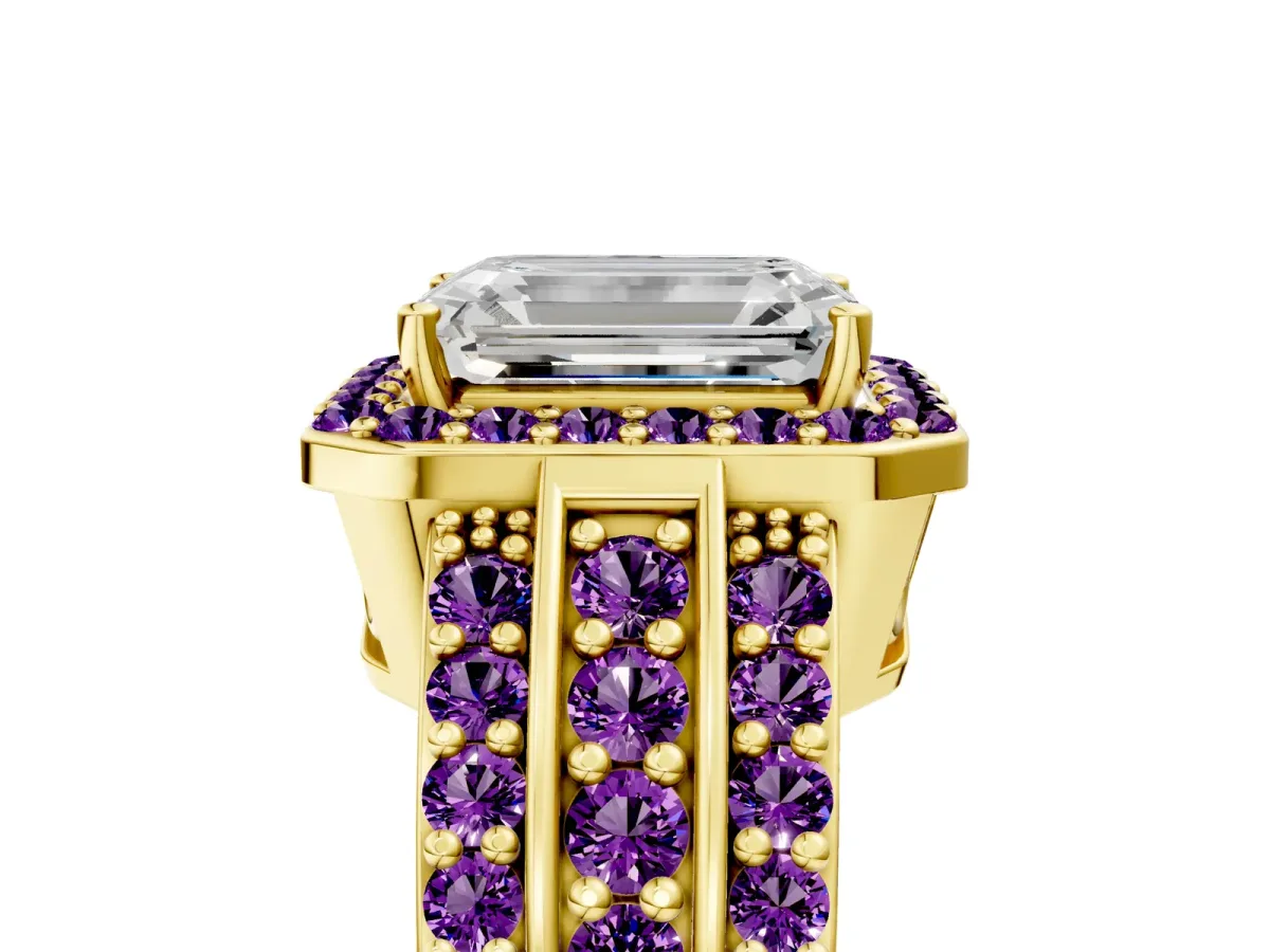 Emerald Cut Halo Diamond Ring with Round Amethyst Split Shank and Prong Setting Yellow gold