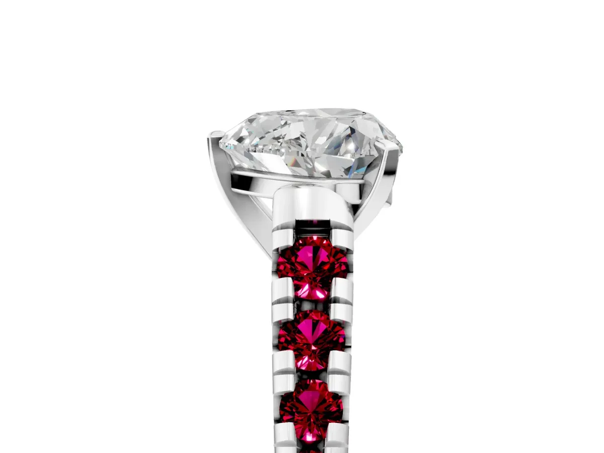 Heart Cut Diamond Cathedral Solitaire Ring with Round Garnet Pavé Band Silver