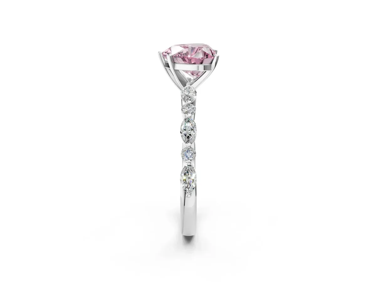 Fancy Pink Heart Cut Diamond Ring with Marquise and Round Side Stones and Four-Prong Setting Silver