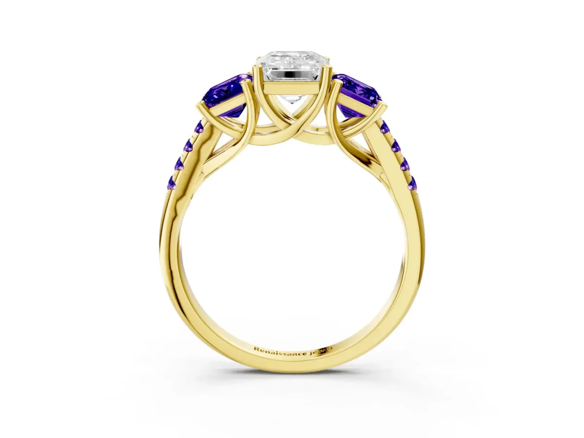 Three-Stone Emerald Cut Diamond Ring with Round Tanzanite Pavé Band and Prong Setting Yellow gold