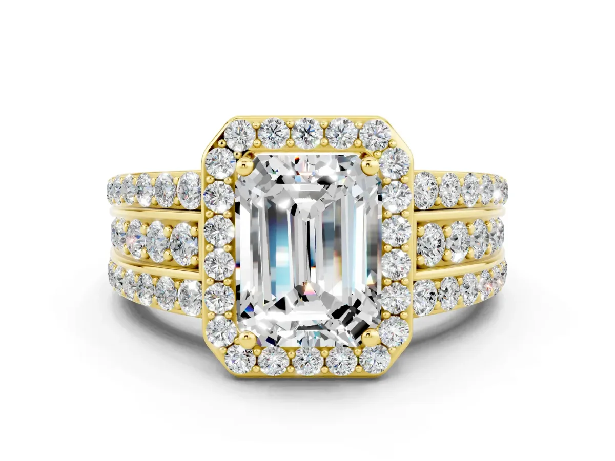Emerald Cut Halo Moissanite Ring with Round Split Shank and Prong Setting Yellow gold
