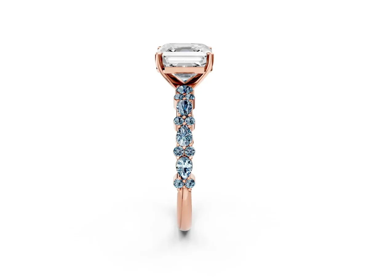 Asscher Cut Diamond Side Stone Solitaire Ring with Round Aquamarine and Four-Prong Setting Rose gold