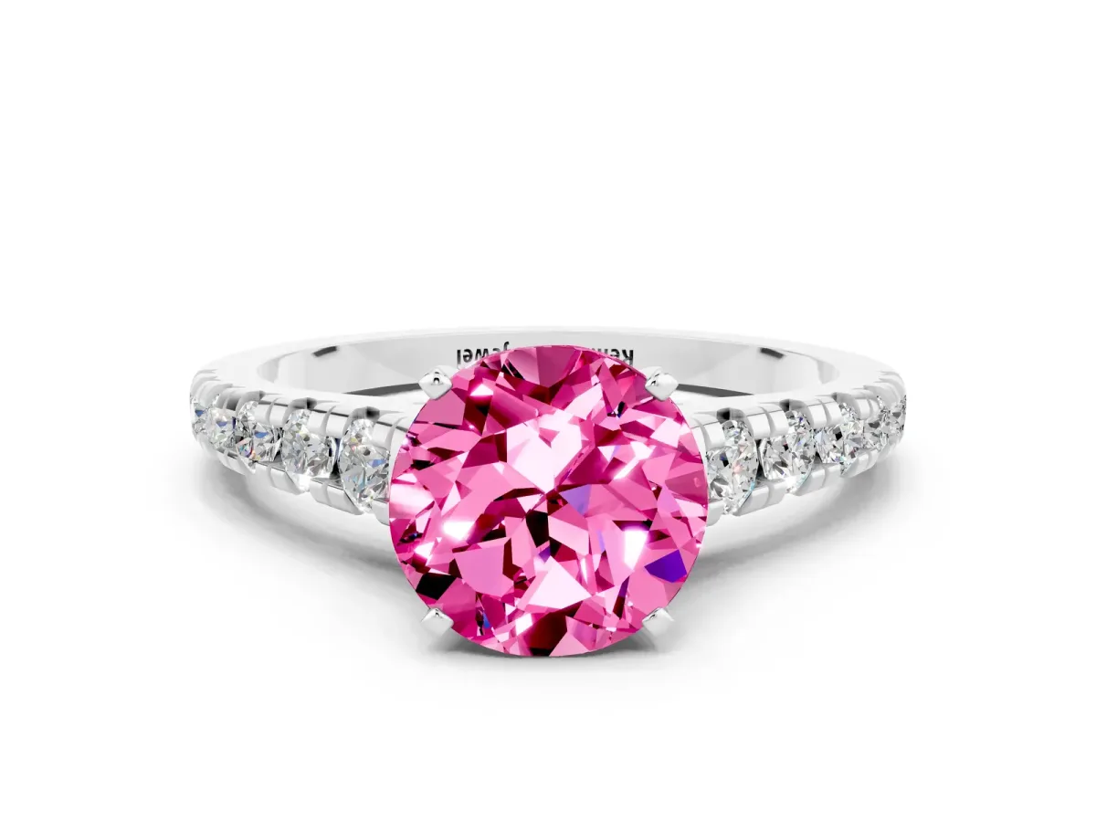 Round Cut Pink Sapphire Cathedral Solitaire Ring with Round Pavé Band Silver