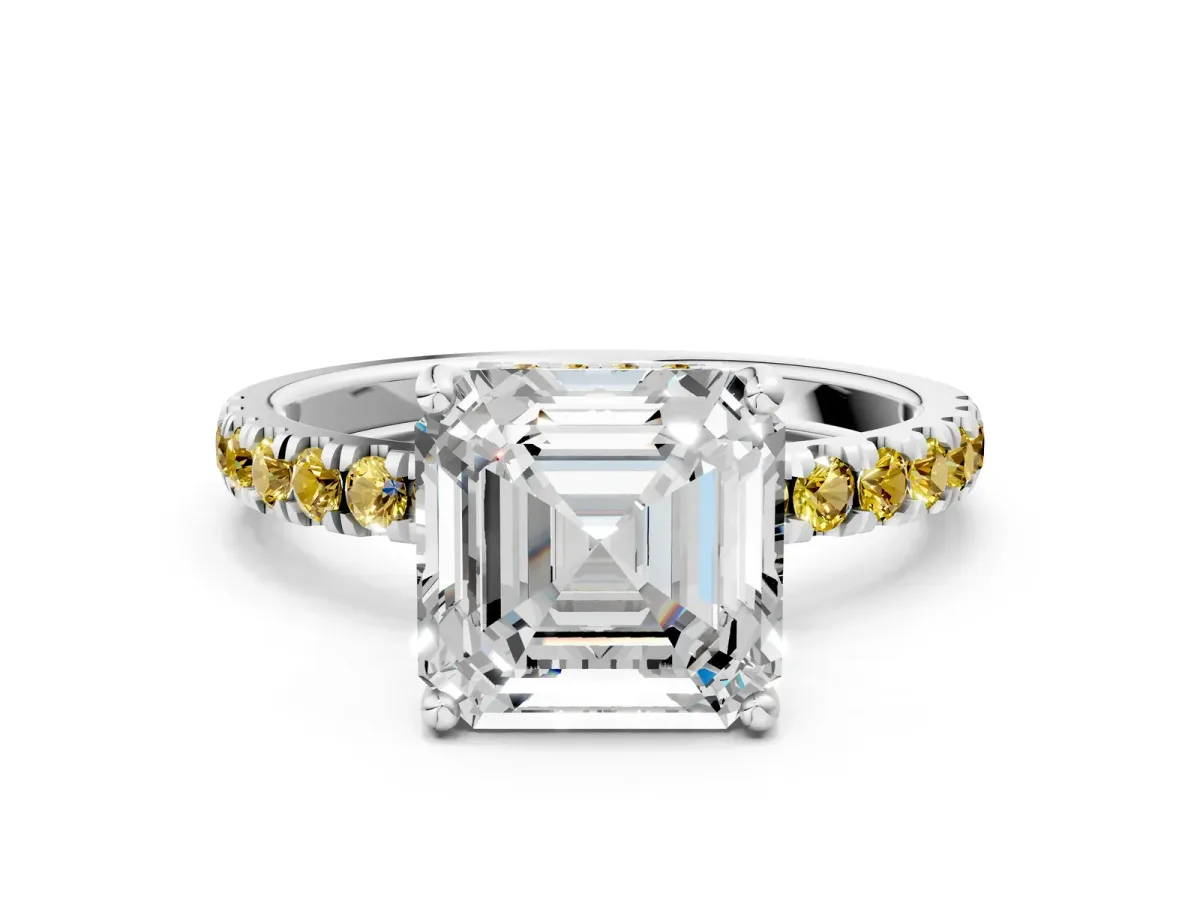Asscher Cut Diamond Pave Band Solitaire Ring with Round Yellow Sapphire and Prong Setting Platinum