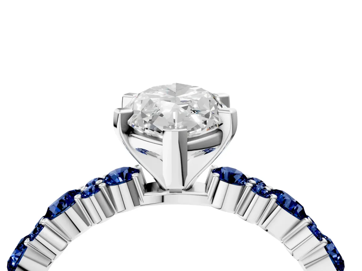 Marquise Cut Diamond Side Stone Solitaire Ring with Round Blue Sapphire and Four-Prong Setting White gold