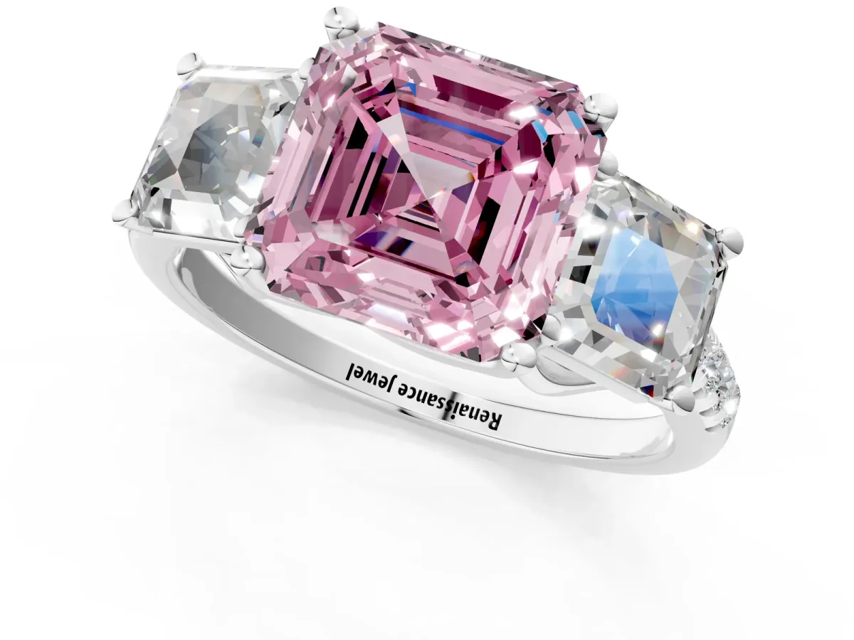 Fancy Pink Three-Stone Asscher Cut Diamond Ring with Round Pavé Band and Prong Setting Platinum
