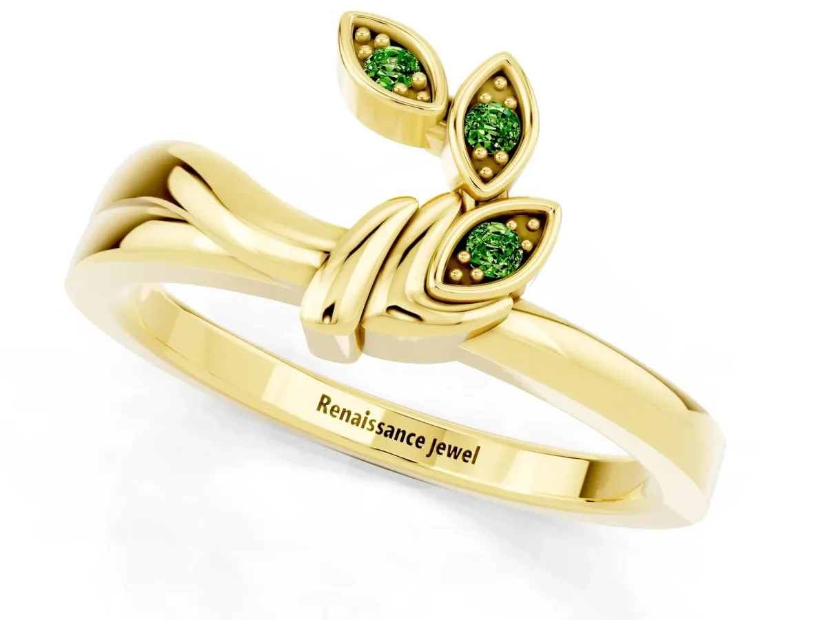 Three-Stone Round Peridot Leaf Bypass Ring with Bezel Setting Yellow gold