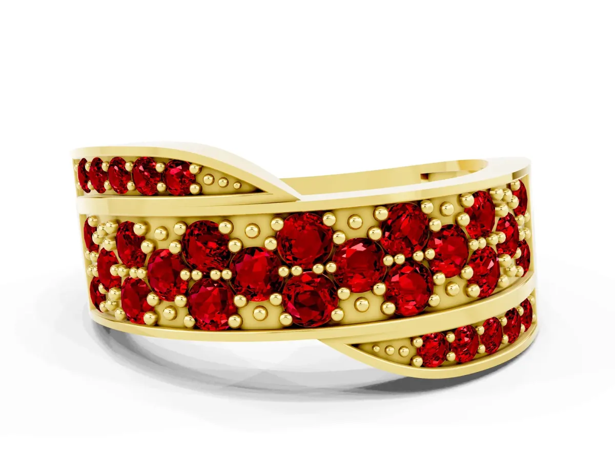 Pavé Round Ruby Crossover Band with Bead Prong Setting Yellow gold