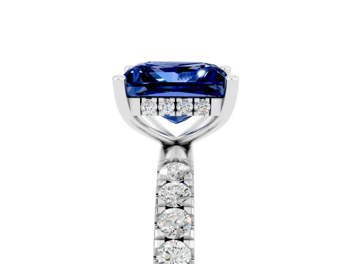 Princess Cut Blue Sapphire Pave Band Solitaire Ring with Round and Prong Setting Platinum
