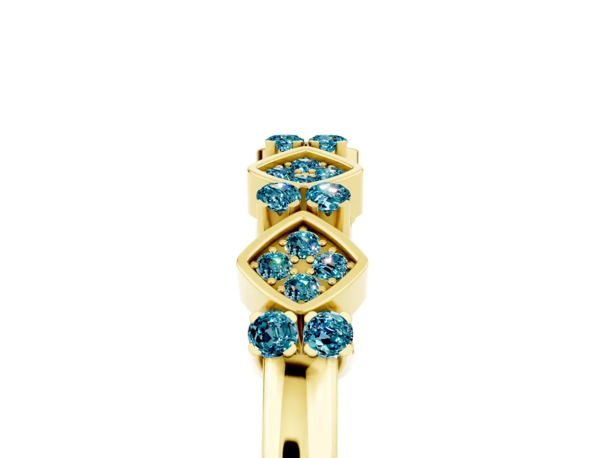 Pavé Cushion Blue Topaz Cluster Eternity Band with Prong Setting Yellow gold