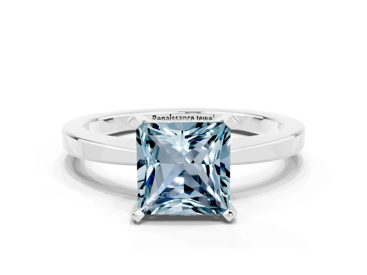 Princess Cut Aquamarine Solitaire Engagement Ring with Classic Band and Four-Prong Setting Silver