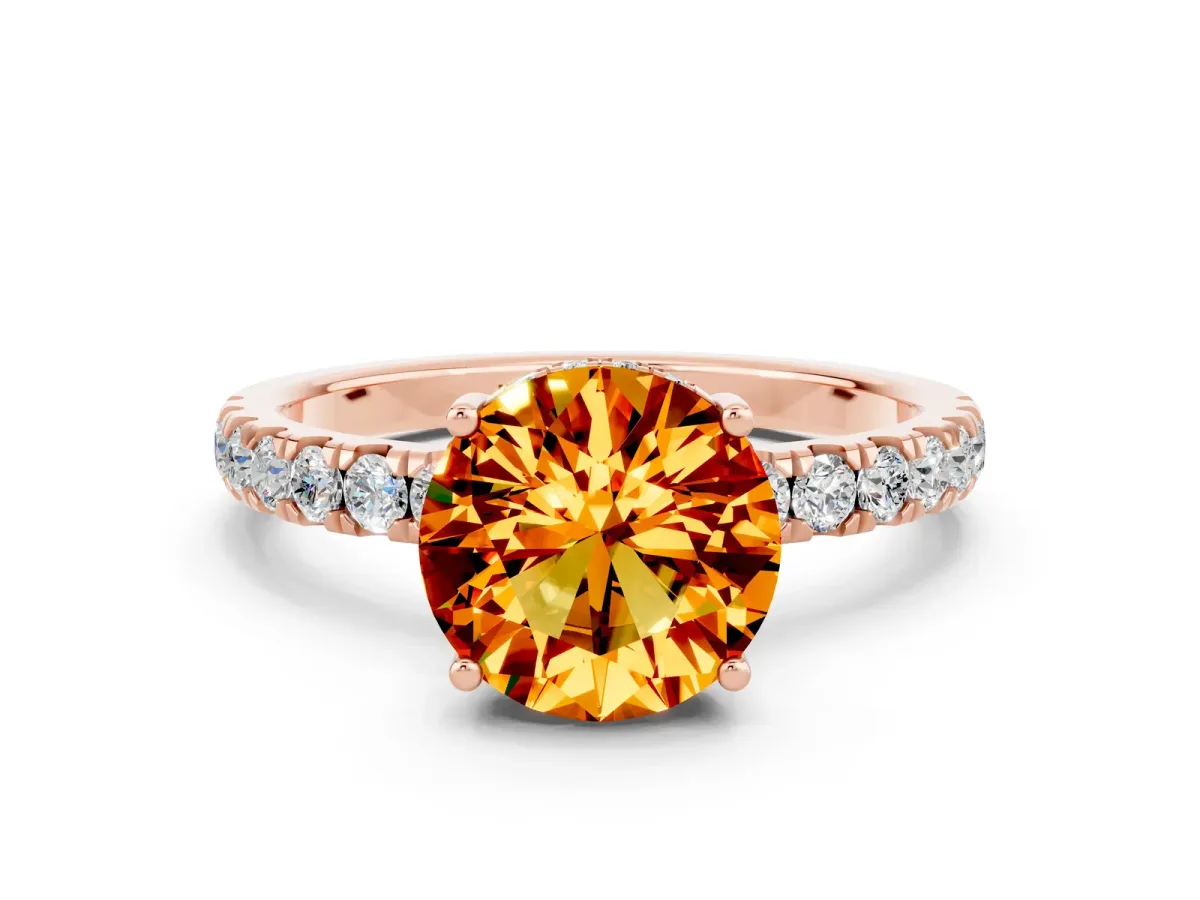 Round Cut Citrine Pave Band Solitaire Ring with Round and Prong Setting Rose gold
