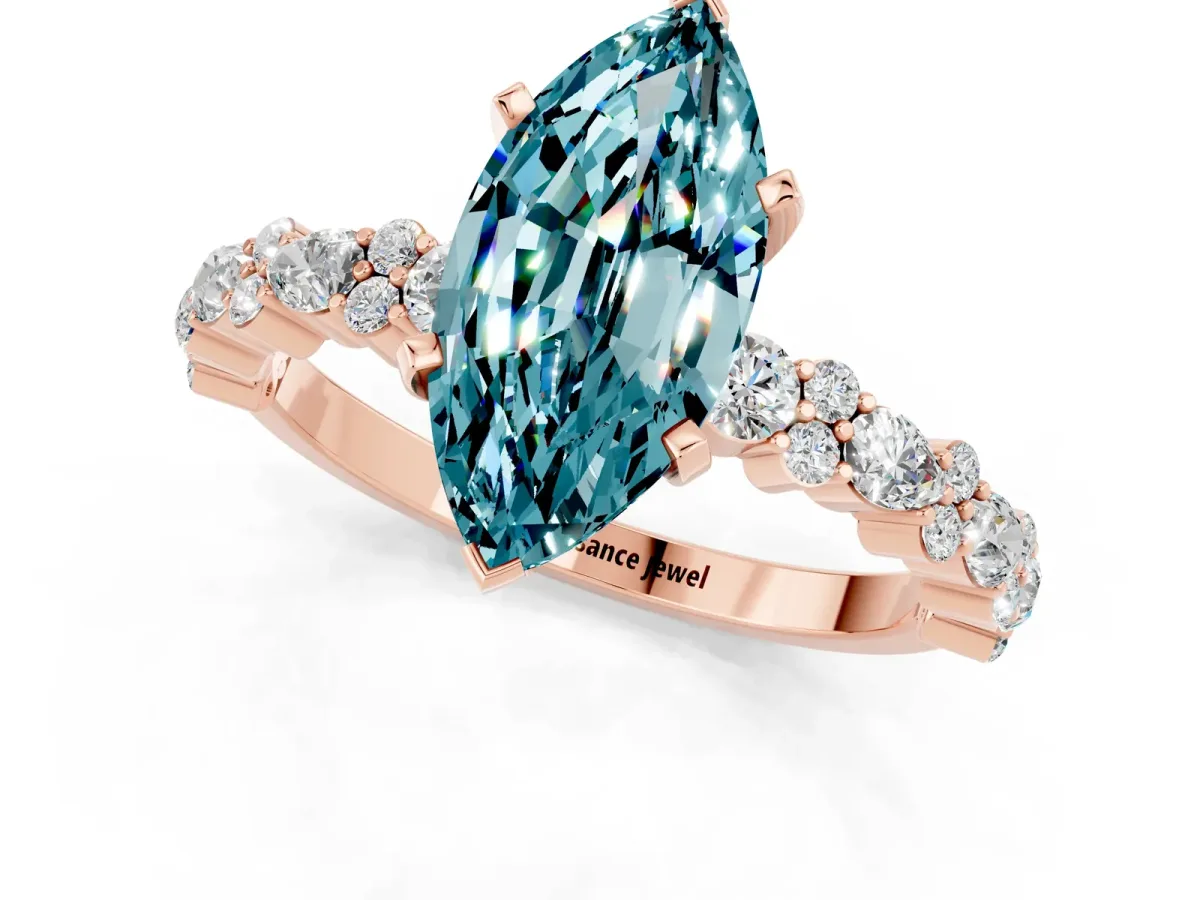 Marquise Cut Blue Topaz Side Stone Solitaire Ring with Round and Four-Prong Setting Rose gold