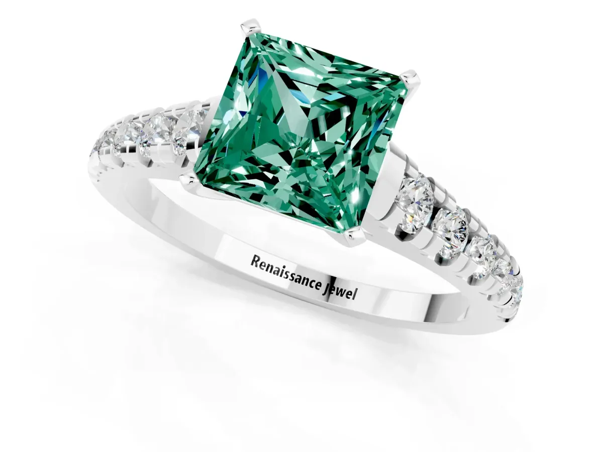 Princess Cut Green Sapphire Cathedral Solitaire Ring with Round Pavé Band Platinum