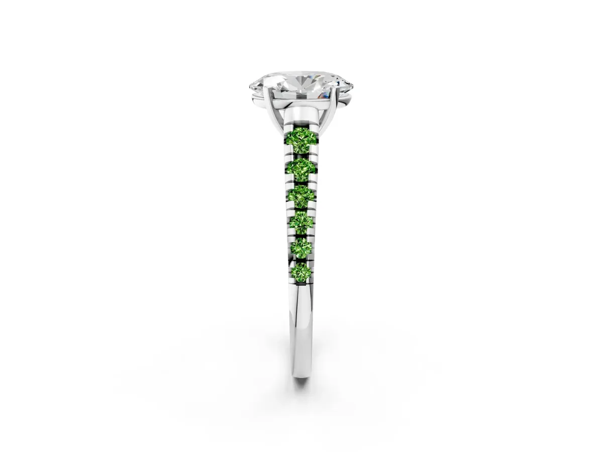Oval Cut Diamond Cathedral Solitaire Ring with Round Peridot Pavé Band White gold