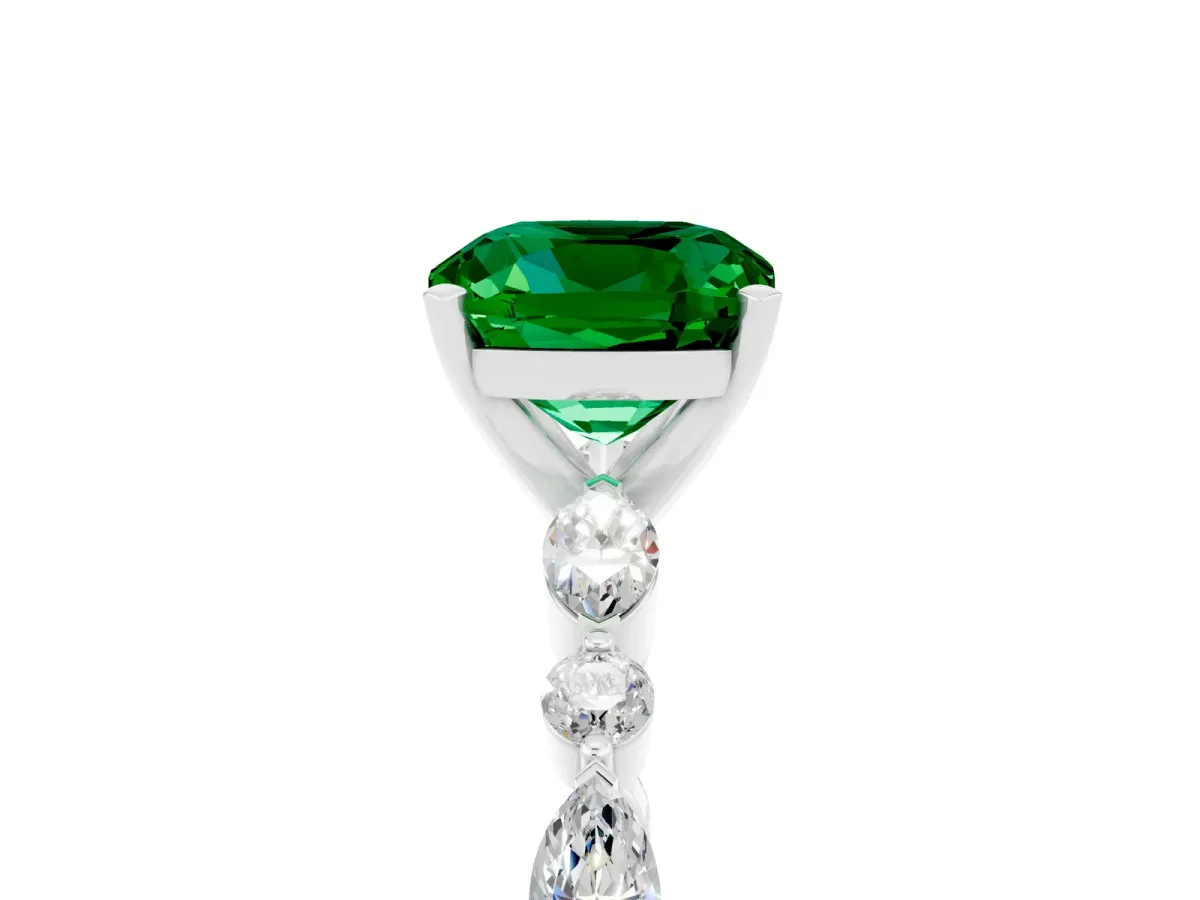 Cushion Cut Emerald Ring with Marquise and Round Side Stones and Four-Prong Setting White gold