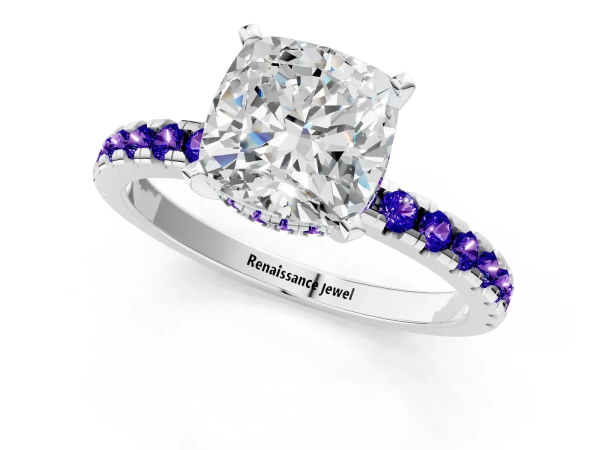 Cushion Cut Diamond Solitaire Ring with Round Tanzanite Pavé Band and Four-Prong Setting Silver