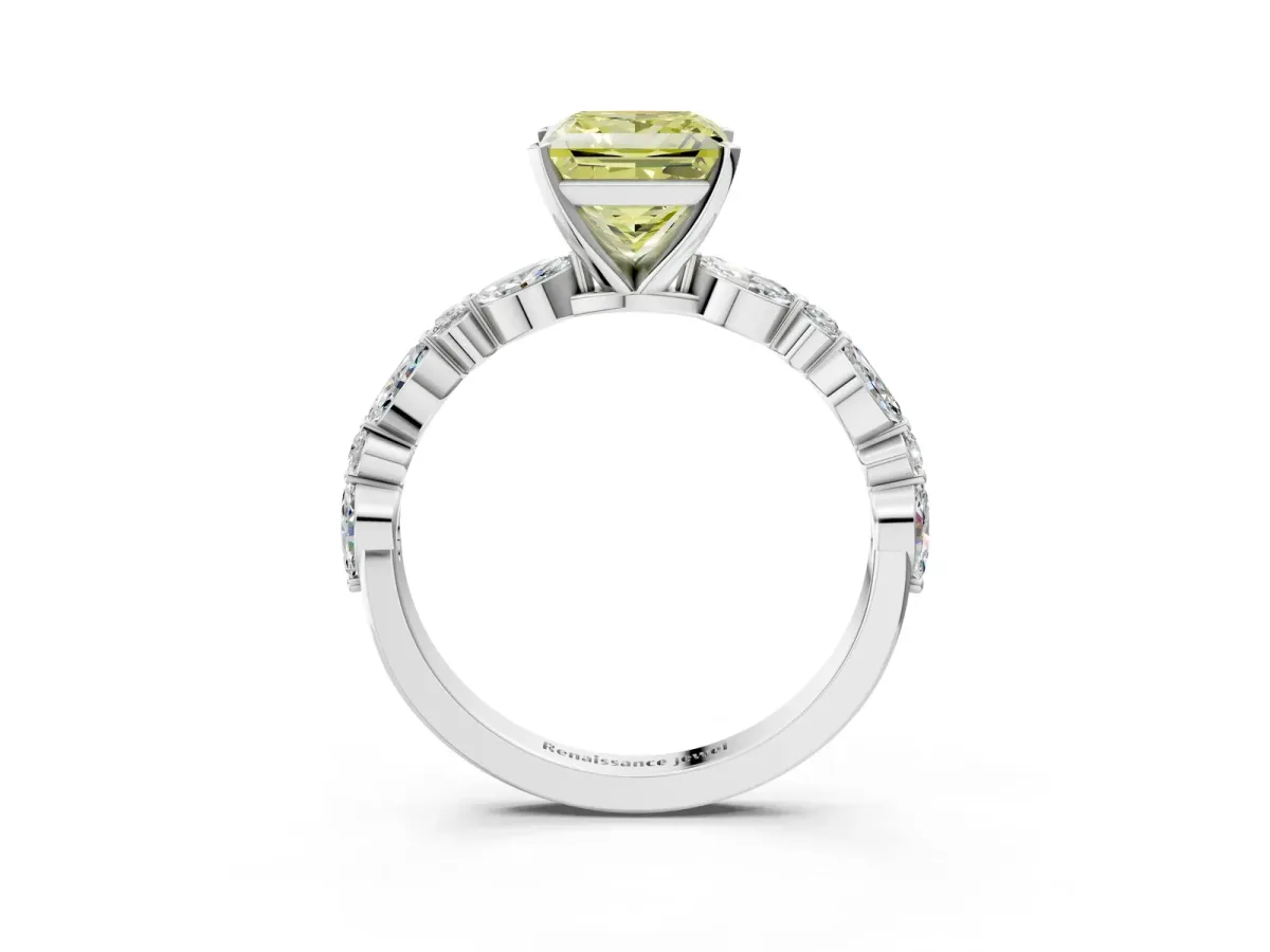 Fancy Yellow Princess Cut Diamond Ring with Marquise and Round Side Stones and Four-Prong Setting Silver