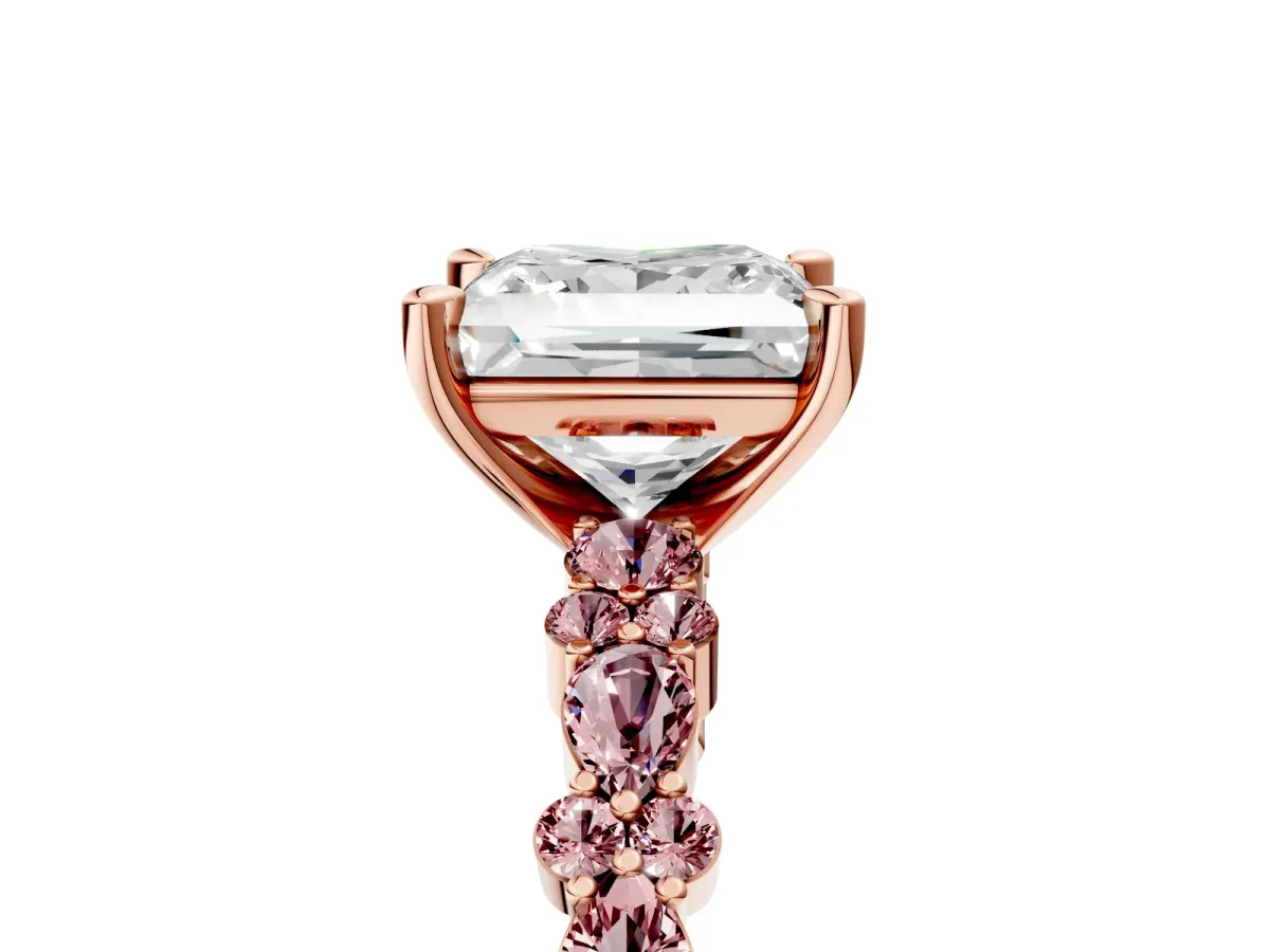 Princess Cut Diamond Side Stone Solitaire Ring with Round Morganite and Four-Prong Setting Rose gold
