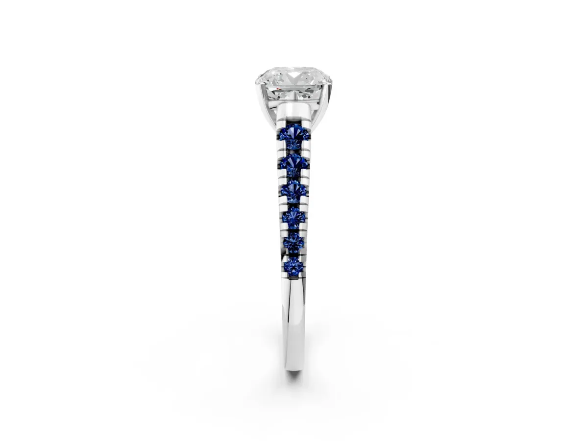 Cushion Cut Diamond Cathedral Solitaire Ring with Round Blue Sapphire Pavé Band Platinum