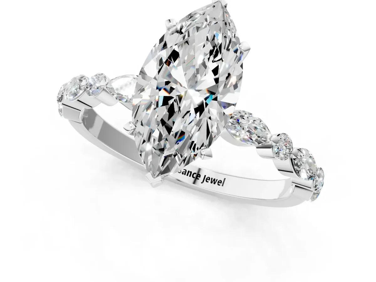 Marquise Cut Diamond Ring with Marquise and Round Moissanite Side Stones and Four-Prong Setting Silver