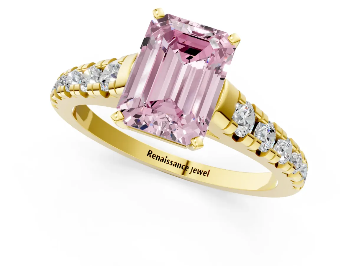 Fancy Pink Emerald Cut Diamond Cathedral Solitaire Ring with Round Pavé Band Yellow gold