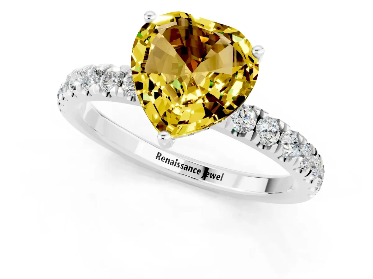 Heart Cut Yellow Sapphire Pave Band Solitaire Ring with Round and Prong Setting Platinum