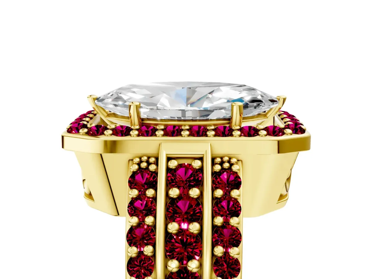 Marquise Cut Halo Diamond Ring with Round Garnet Split Shank and Prong Setting Yellow gold