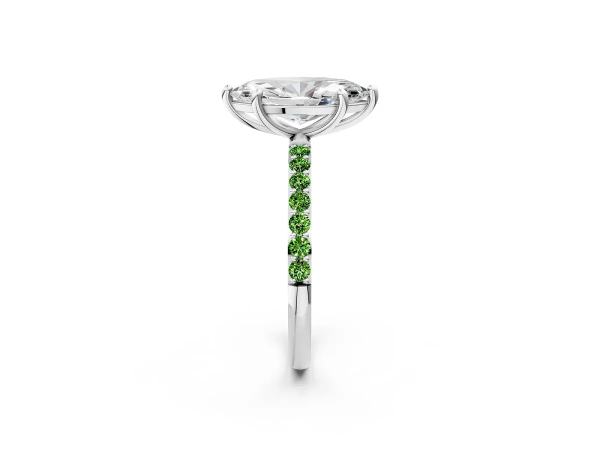Marquise Cut Diamond Solitaire Ring with Round Peridot Pavé Band and Prong Setting White gold