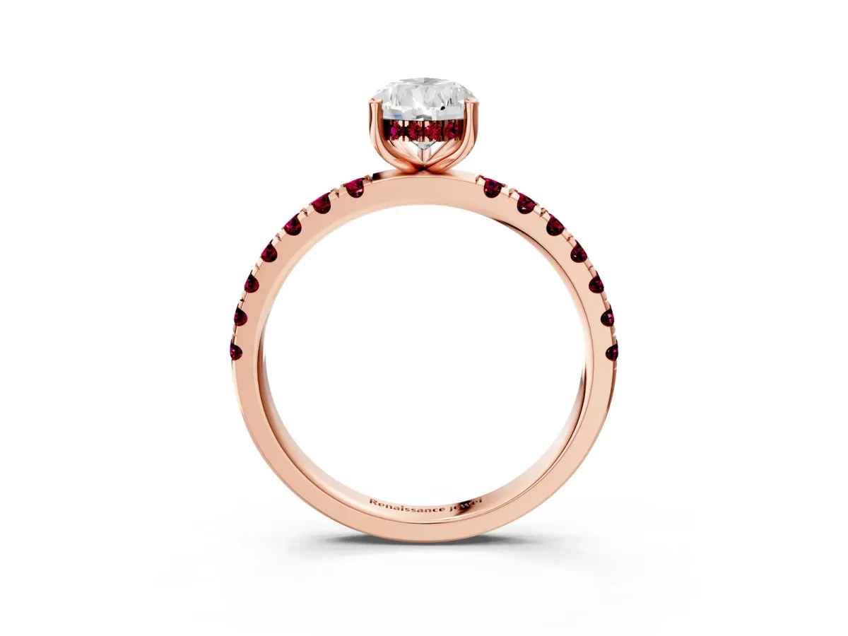 Pear Cut Diamond Pave Band Solitaire Ring with Round Garnet and Prong Setting Rose gold