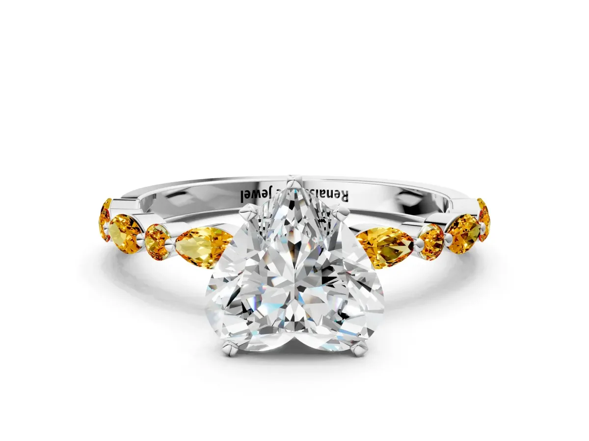 Heart Cut Diamond Ring with Marquise and Round Citrine Side Stones and Four-Prong Setting Silver