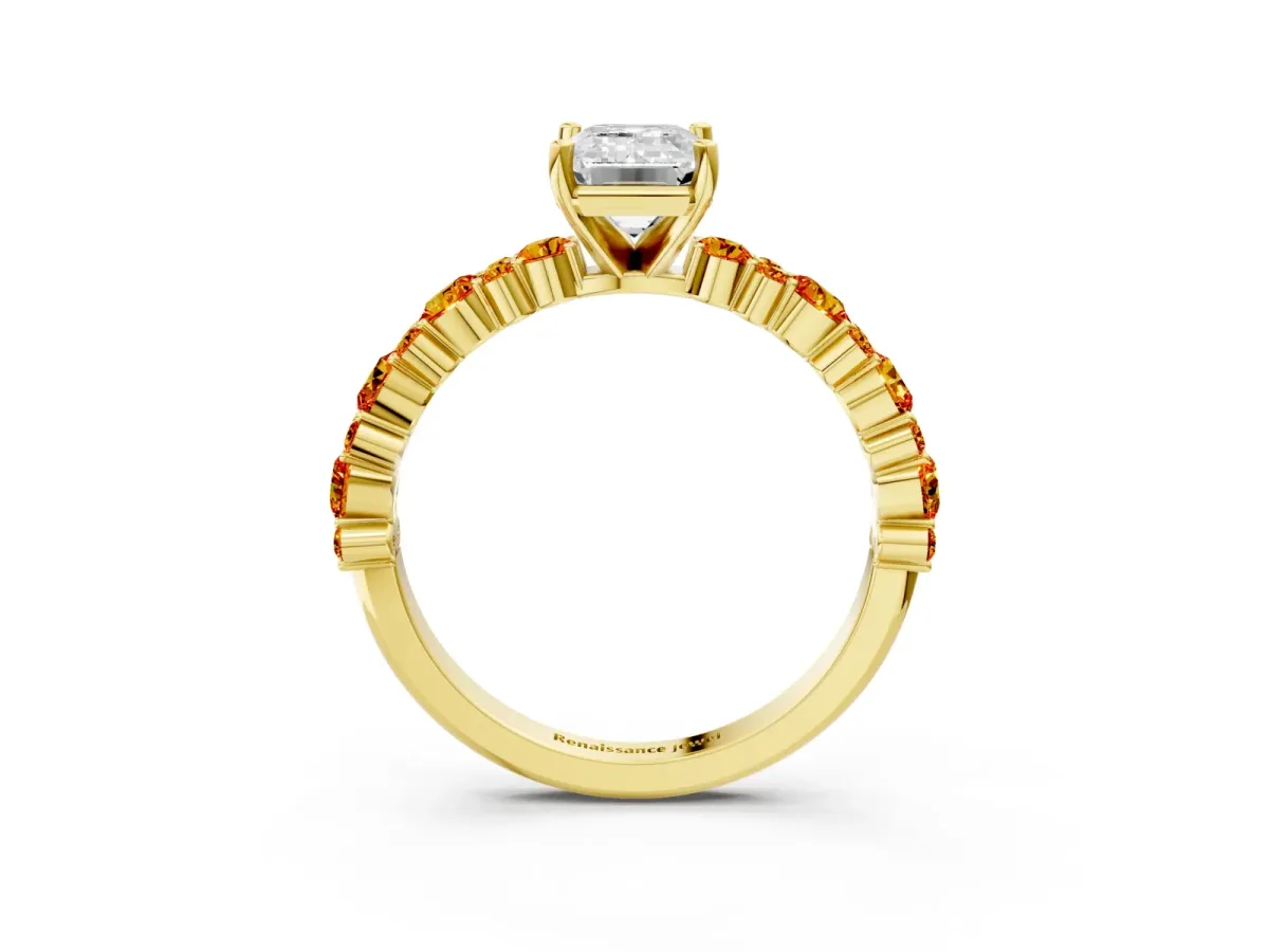 Emerald Cut Diamond Side Stone Solitaire Ring with Round Citrine and Four-Prong Setting Yellow gold