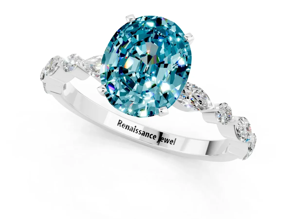 Oval Cut Blue Topaz Ring with Marquise and Round Side Stones and Four-Prong Setting Silver