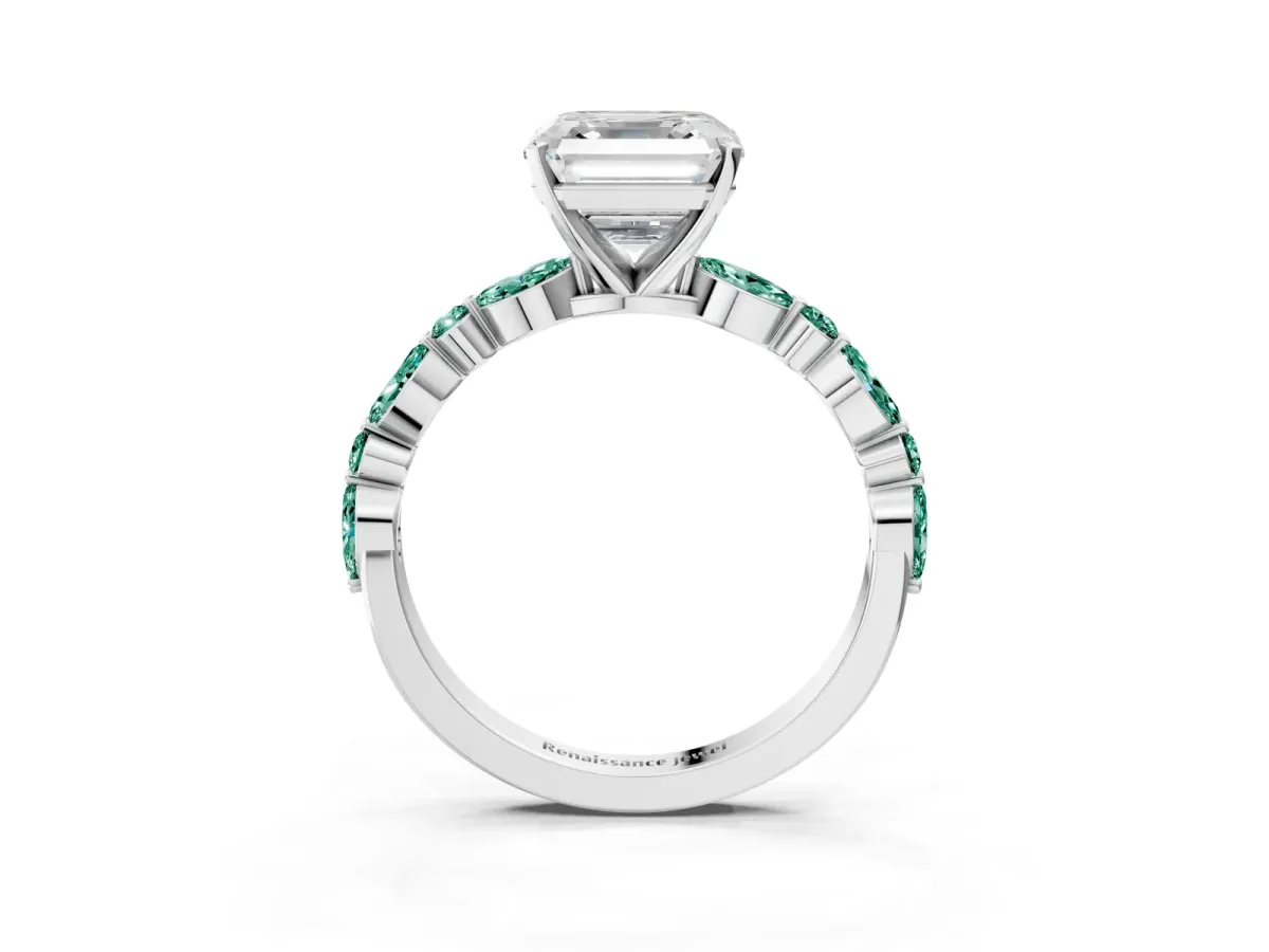 Asscher Cut Diamond Ring with Marquise and Round Green Sapphire Side Stones and Four-Prong Setting Platinum