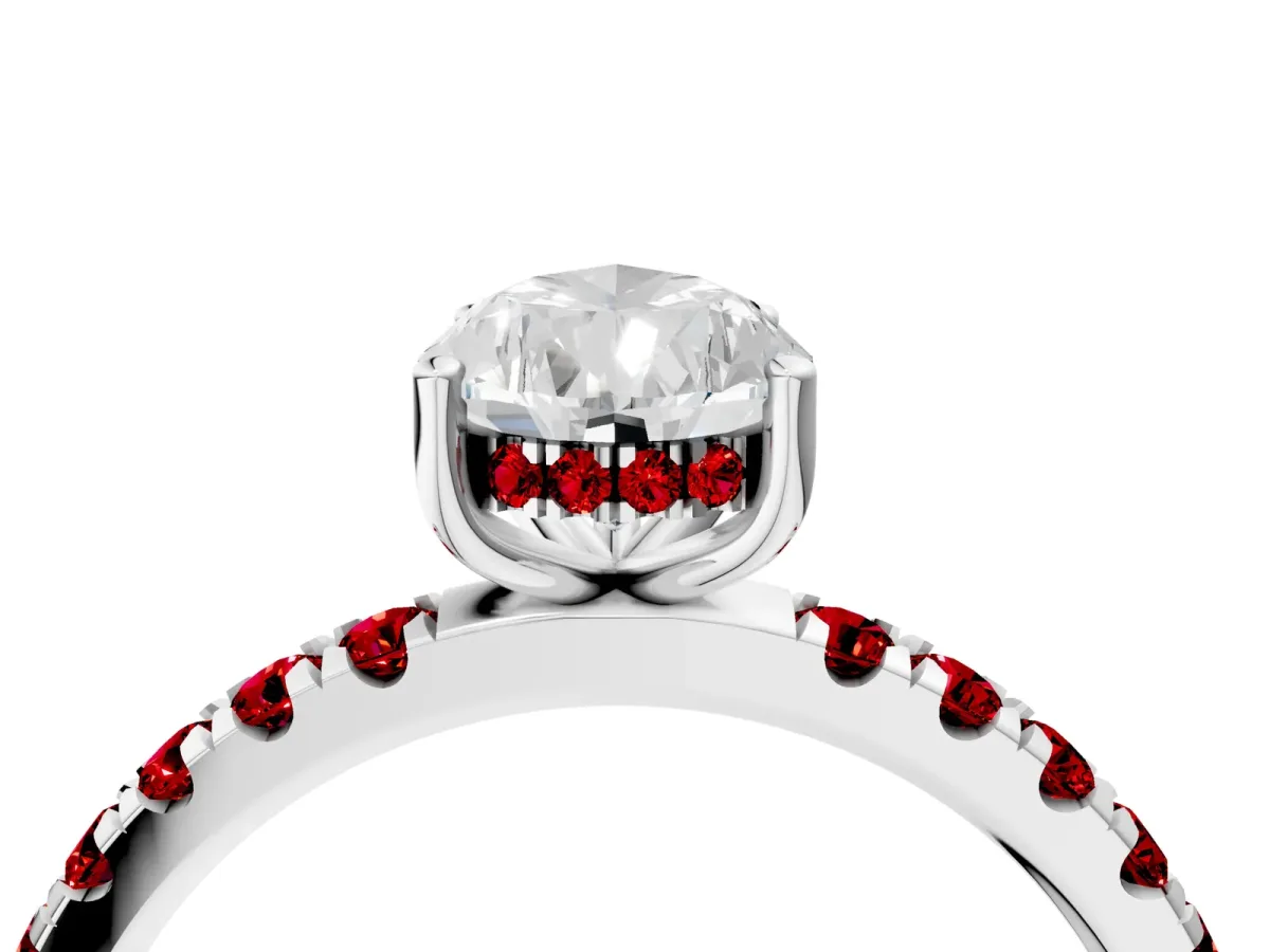 Pear Cut Diamond Pave Band Solitaire Ring with Round Ruby and Prong Setting Platinum