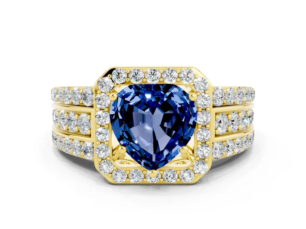 Heart Cut Halo Blue Sapphire Ring with Round Split Shank and Prong Setting Yellow gold