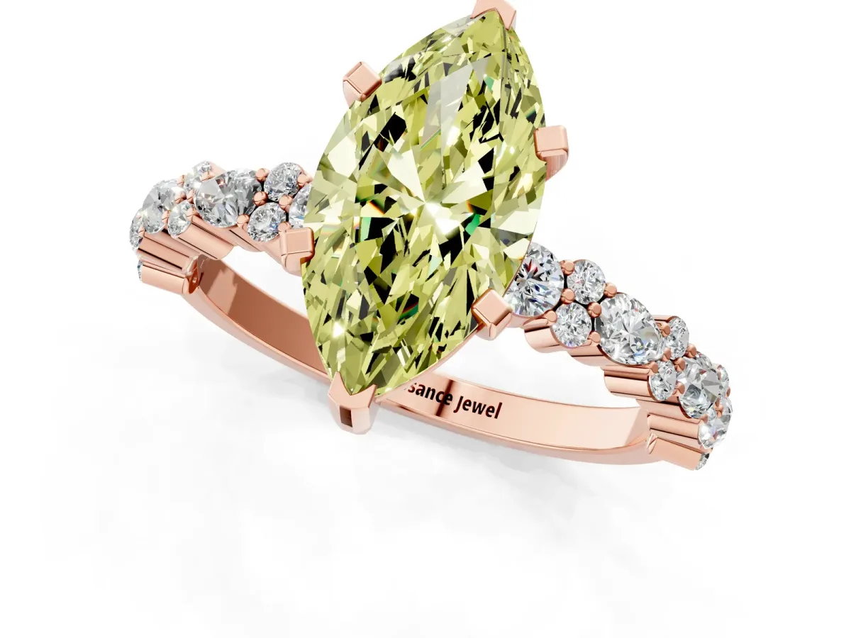 Fancy Yellow Marquise Cut Diamond Side Stone Solitaire Ring with Round and Four-Prong Setting Rose gold